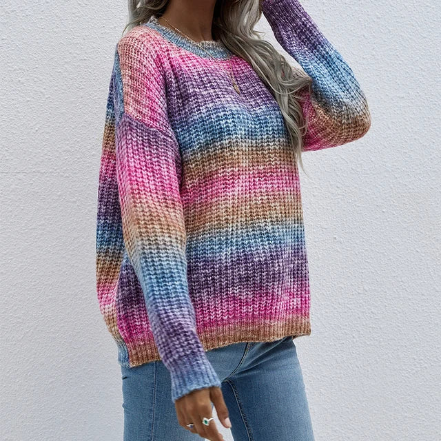 Trendiger Strickpullover mit Regenbogenstreifen für Damen