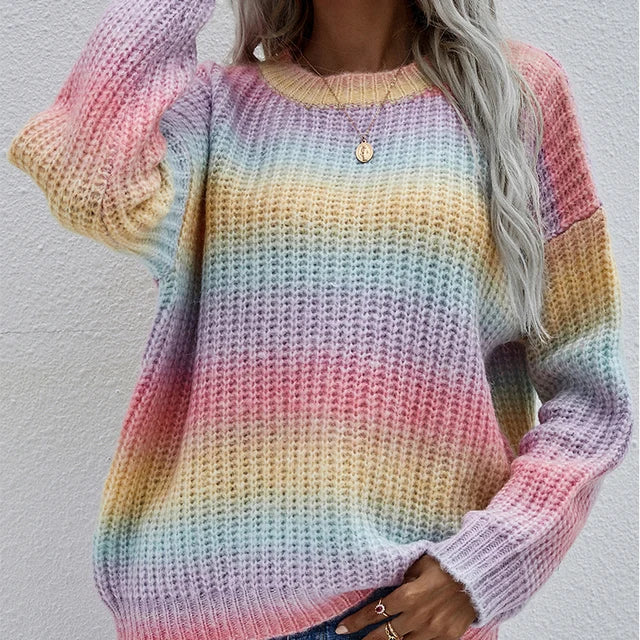 Trendiger Strickpullover mit Regenbogenstreifen für Damen