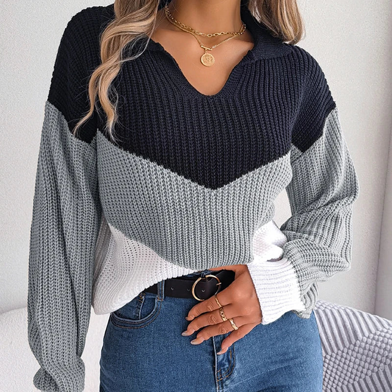 Warmer Damen-Strickpullover mit V-Ausschnitt und Kragen