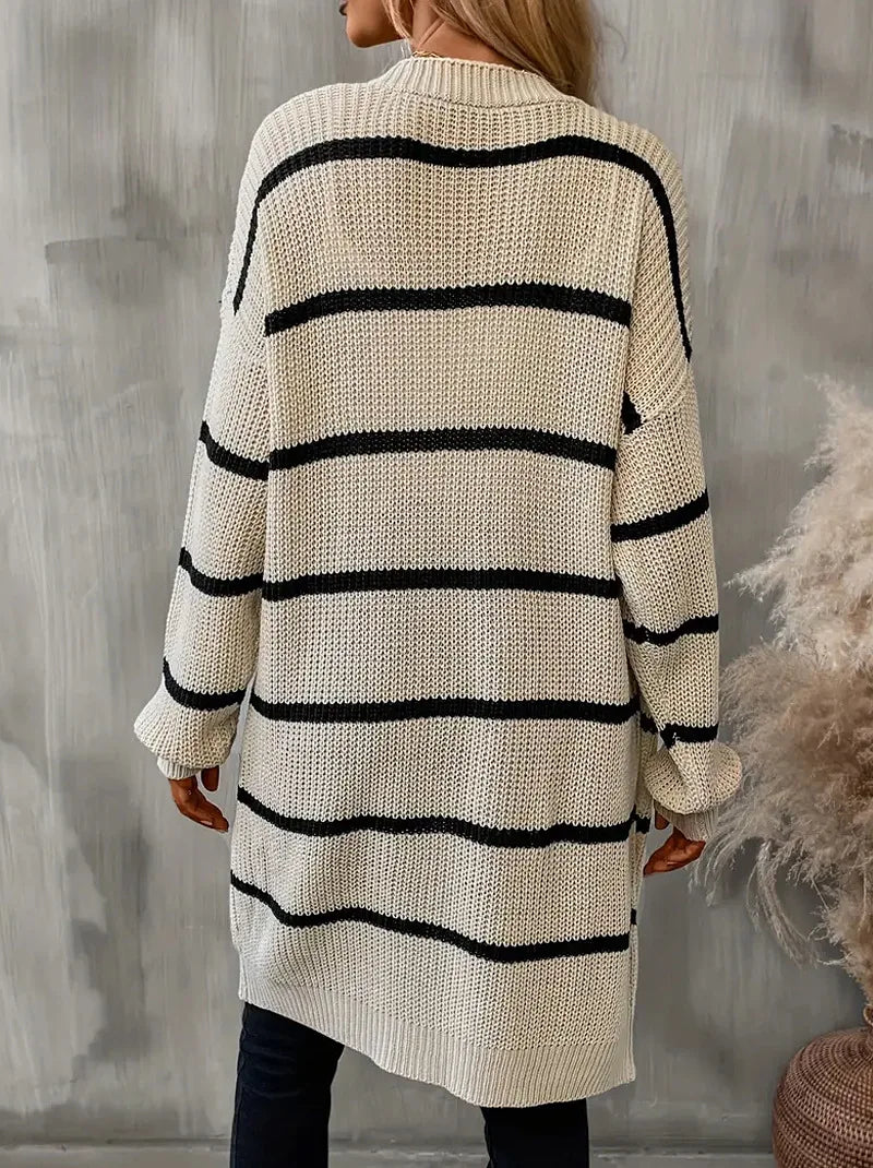 Lässige Lange Gestreifte Strickjacke für Damen