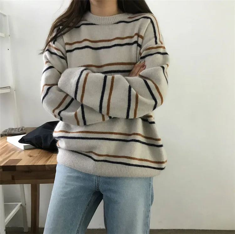 Trendiger Strickpullover mit Rundhalsausschnitt und Streifen für Damen