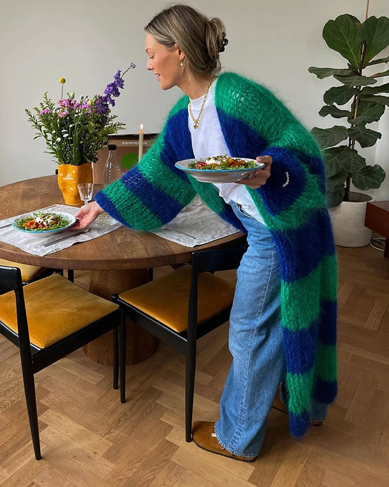 Stilvolle lange Strickjacke mit Streifen für Damen