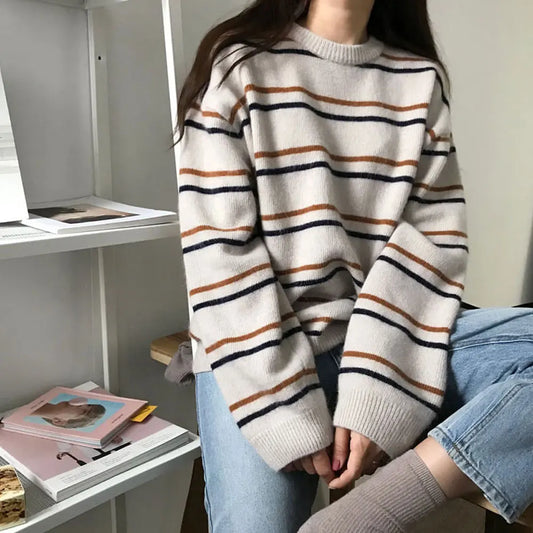 Trendiger Strickpullover mit Rundhalsausschnitt und Streifen für Damen