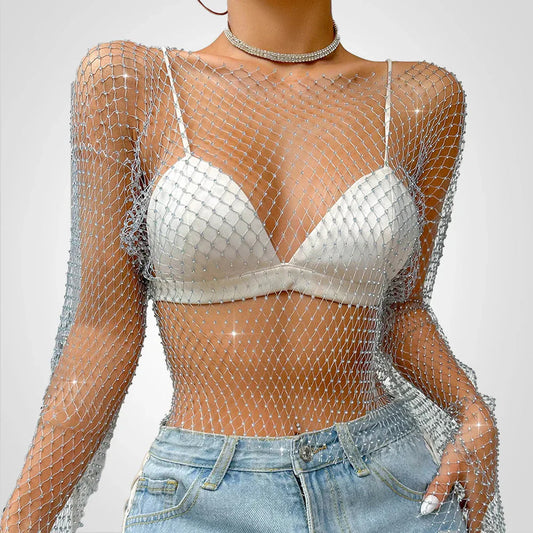 Transparentes Mesh-Crop-Top mit Strasssteinen für Damen – Glamouröser & Verführerischer Look