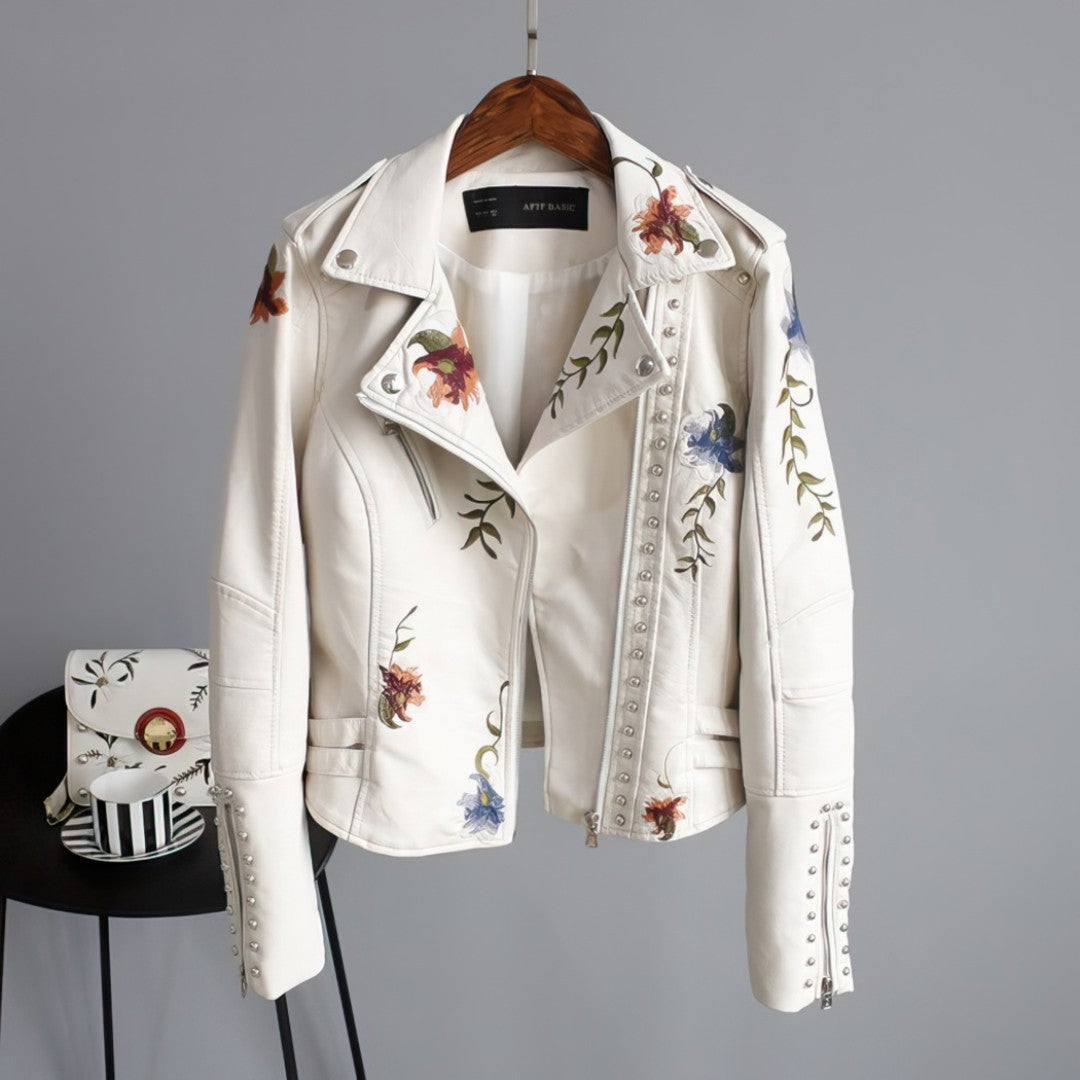 Damen Lederjacke mit Blumenstickerei