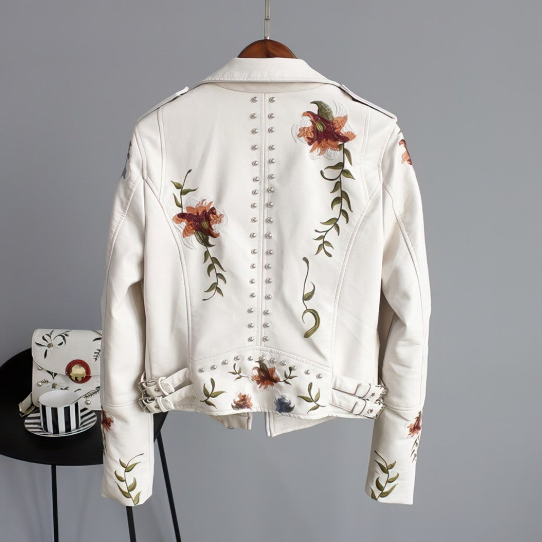 Damen Lederjacke mit Blumenstickerei