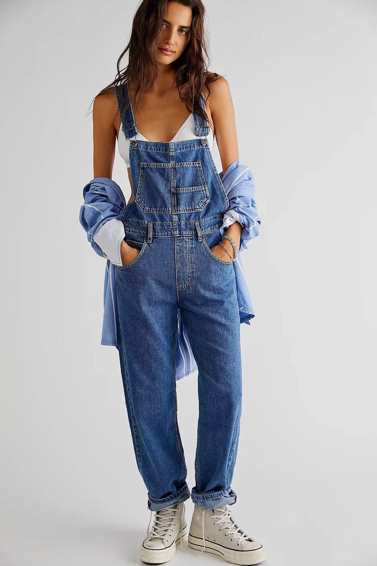 Lässiger weiter Denim-Overall für Damen – Bequemer Jumpsuit im Vintage-Stil mit hoher Taille