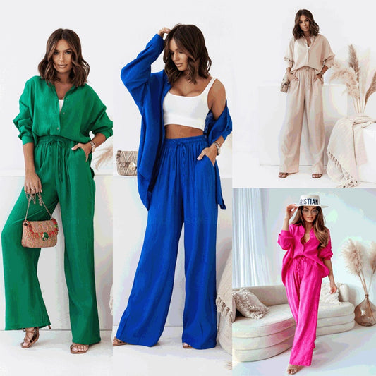 Modisches Zweiteiliges Set mit Langarm-Bluse und Weit geschnittener Hose für Damen – Perfekt für Freizeit und elegante Looks