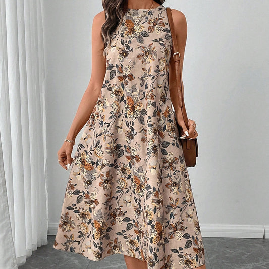 Leichtes ärmelloses Midi-Sommerkleid mit Blumenmuster