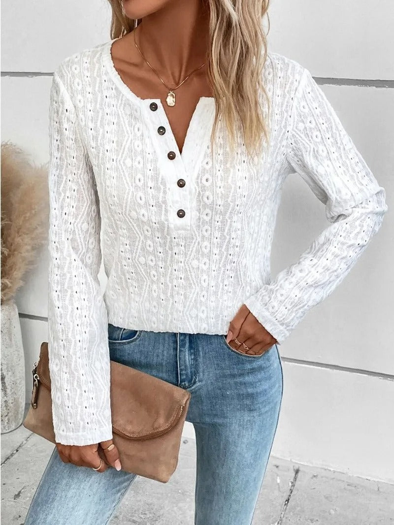 Elegante Weiße Bluse mit V Ausschnitt und Knopf für Damen