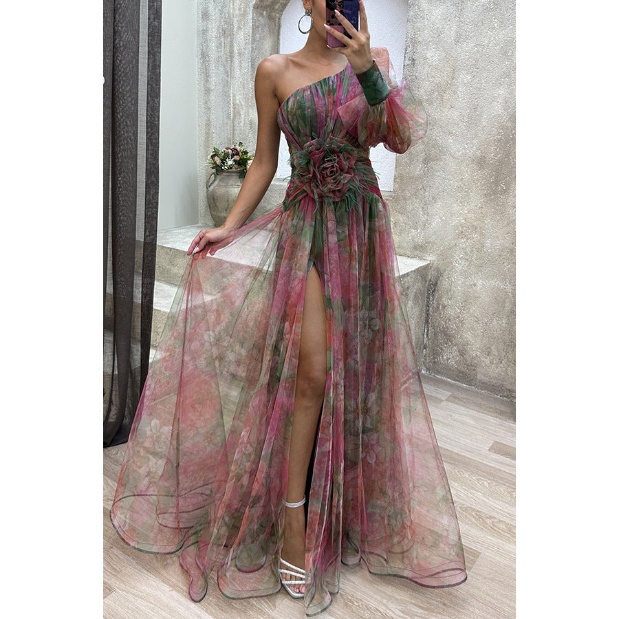 Elegantes Schulterfreies Tie-Dye Maxikleid – Luftiges Mesh-Kleid mit Schlitz für Damen, Perfekt für Partys & Strandtage