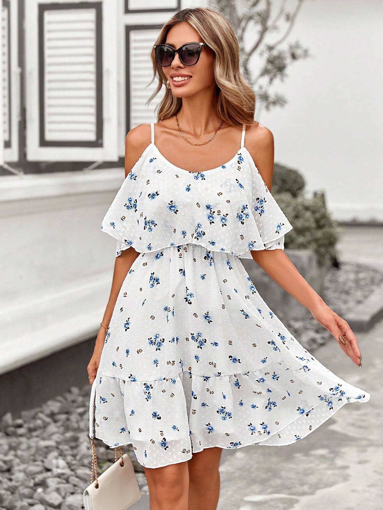 Romantisches Blumen Off-Shoulder-Kleid für Damen mit Taillenschnitt