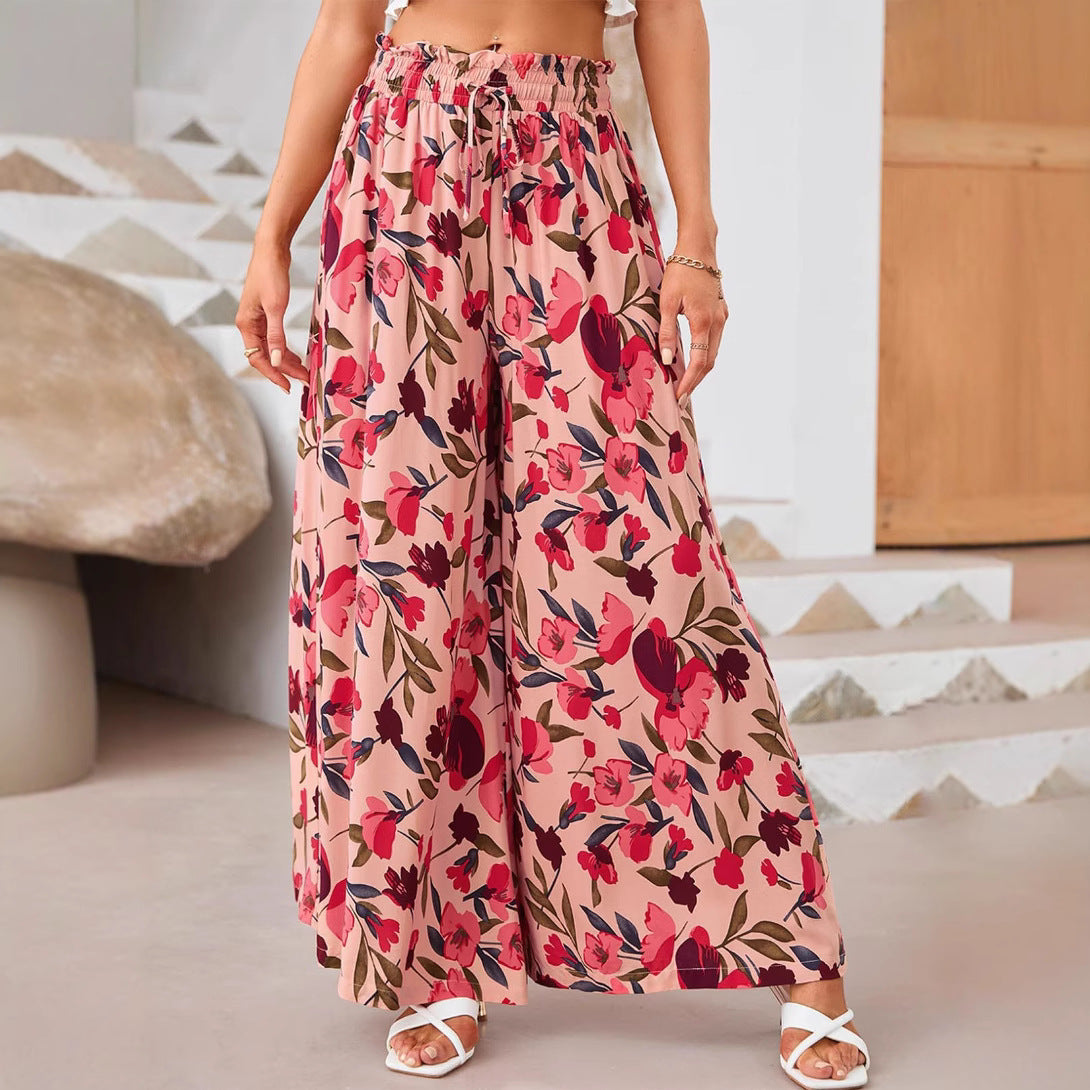 Leichte Weite Sommerhose mit Blumenmuster – Luftige Strandhose für Damen im Boho-Stil