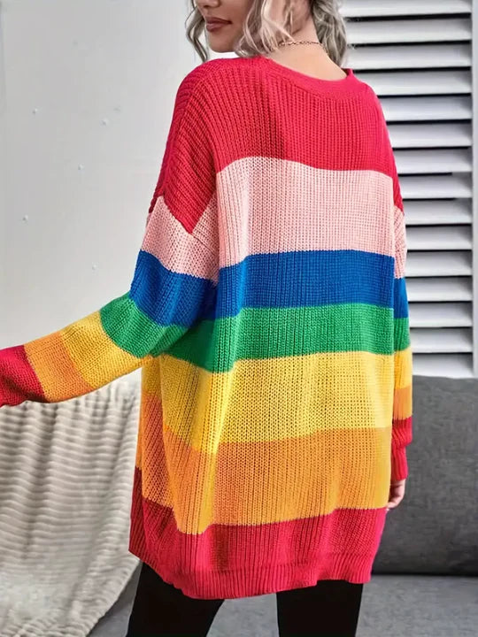 Gemütliche lockere Regenbogen-Strickjacke für Damen