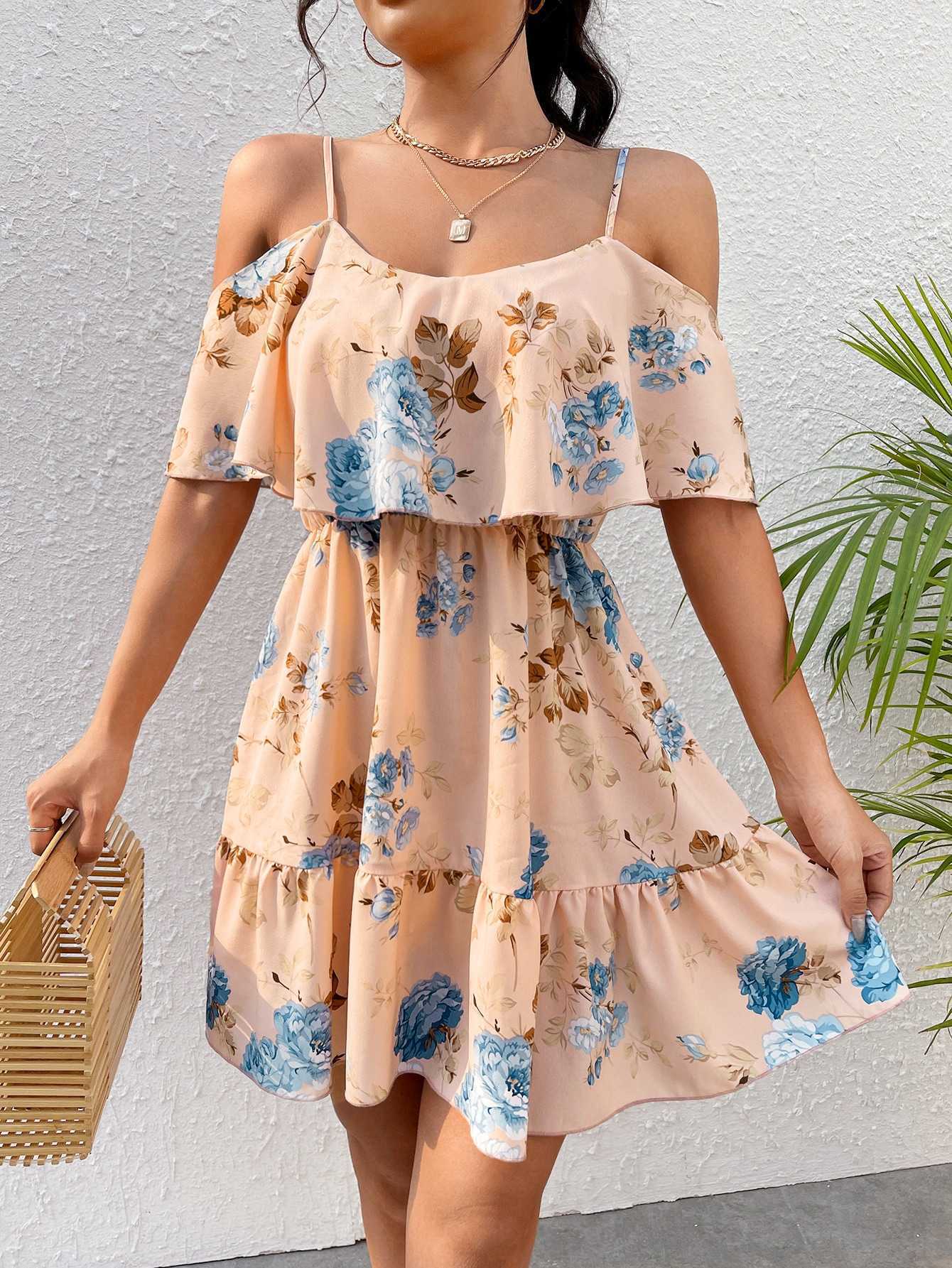 Romantisches Blumen Off-Shoulder-Kleid für Damen mit Taillenschnitt