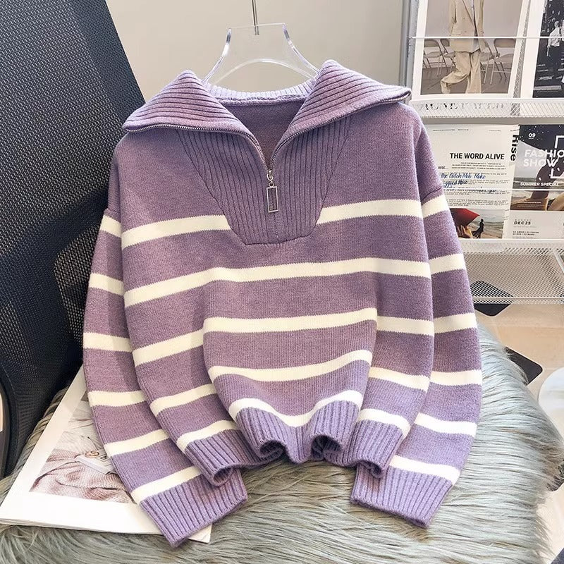 Eleganter Gestreifter Reißverschluss-Strickpullover | Ciara