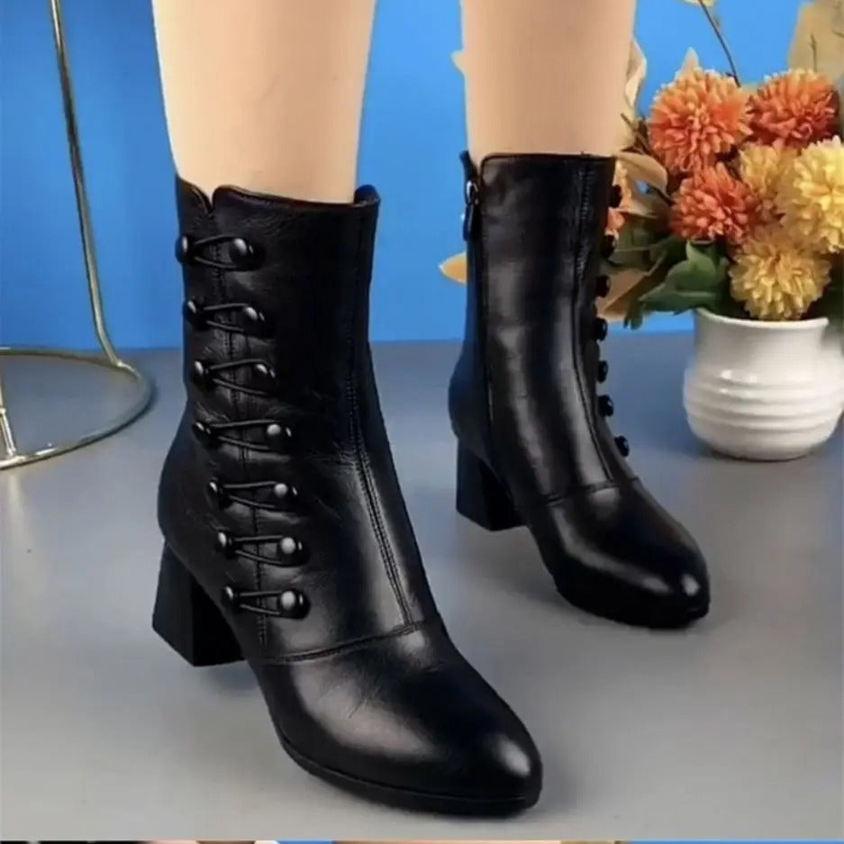 Damen Retro-Lederstiefel mit seitlichem Reißverschluss