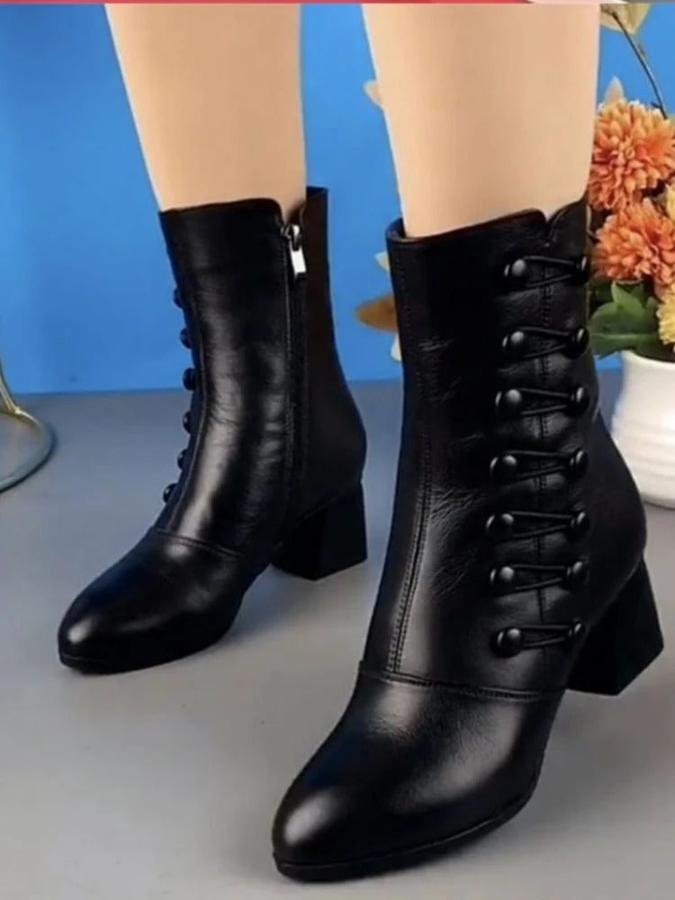 Damen Retro-Lederstiefel mit seitlichem Reißverschluss