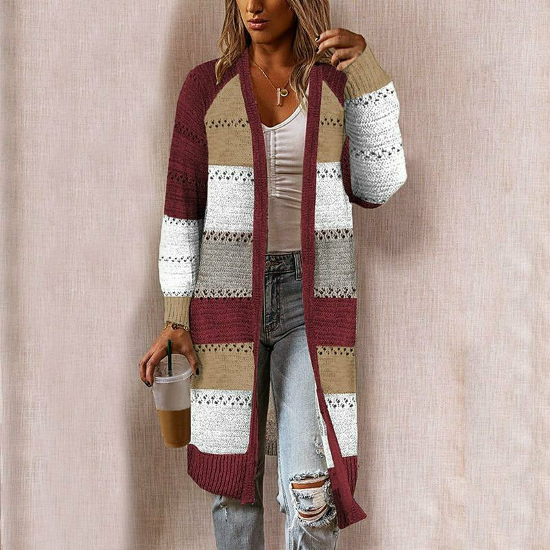 Stylische Lange Strickjacke mit Streifen für Damen