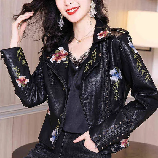 Damen Lederjacke mit Blumenstickerei